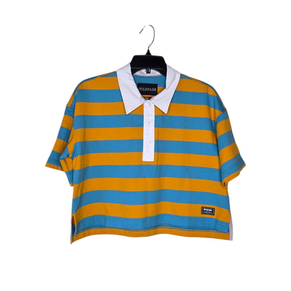NEW Wildfang Womens Striped Knit Rugby Boxy Top Small Teal Orange - Picture 2 of 9